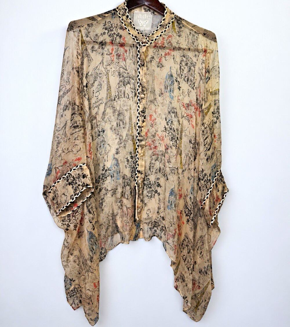 Jade Johnny Was L XL 100% Silk Paris Toile Tunic Blouse Eiffel Tower L13128-3